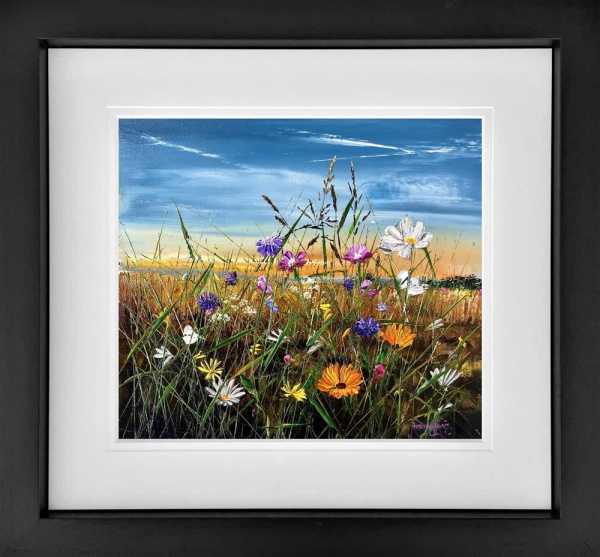 limited edition by artist Kimberley Harris with meadow flowers in the foreground and a rich blue summer sky
