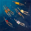 original painting with resin layer of swimming characters over a deep blue water by ruben abstract
