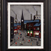 original street scene painting by artist Sean Durkin with the famous church clock tower in the style of LS Lowry