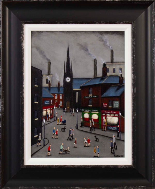 original street scene painting by artist Sean Durkin with the famous church clock tower in the style of LS Lowry