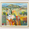 contemporary abstract landscape painting with bright colours and a tapestry effect in the foreground by Italian artist Mario Malfer