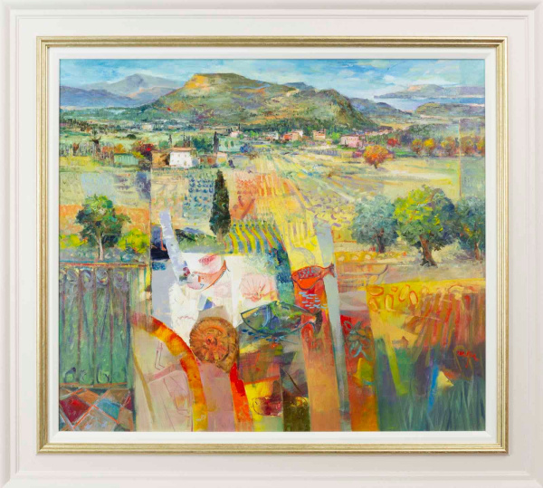 contemporary abstract landscape painting with bright colours and a tapestry effect in the foreground by Italian artist Mario Malfer