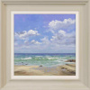 blue skies seascape painting with rolling waves and white sand by Matthew Cordwell