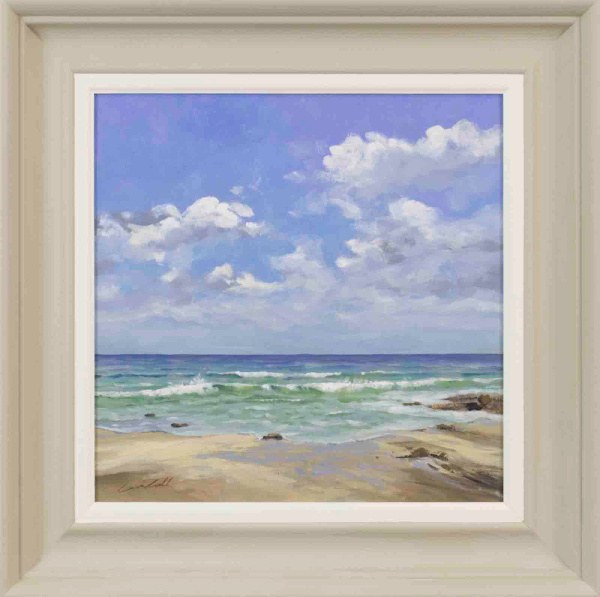 blue skies seascape painting with rolling waves and white sand by Matthew Cordwell