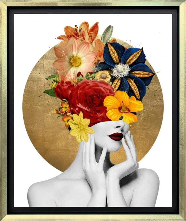 artwork by artist Chuck with contemporary portraits featuring floral arrangements and gold leaf