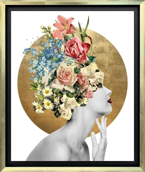 artwork by artist Chuck with contemporary portraits featuring floral arrangements and gold leaf