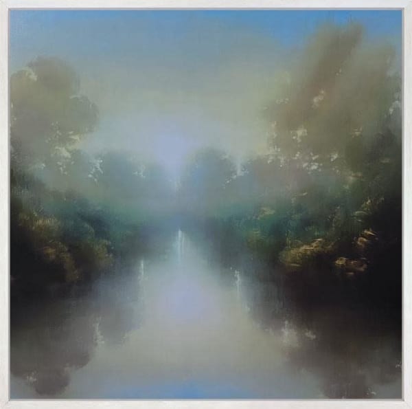 painting by artist Louise Fairchild of a serene misty river with tree reflections in muted tones