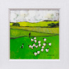 bright and lively painting of sheep amongst green pastures in a naive style by arist David alderman