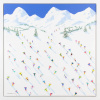 painting of skiers down a mountain in a naive style with blue skies and thick paint by Casimiro Perez