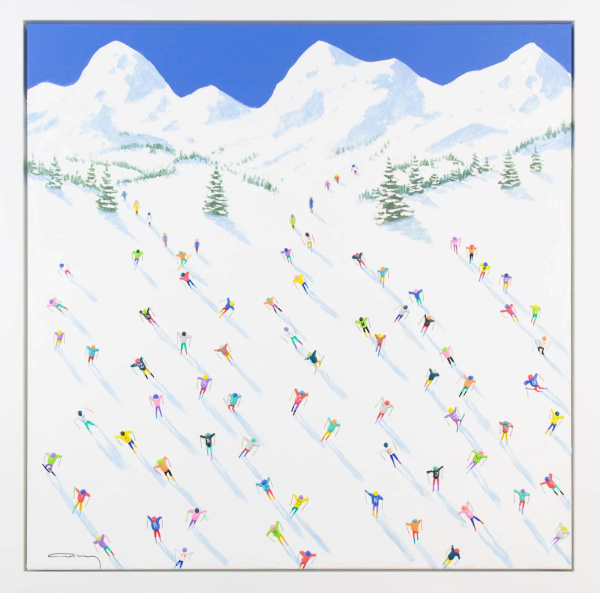 painting of skiers down a mountain in a naive style with blue skies and thick paint by Casimiro Perez