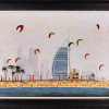 original oil painting by Sean Durkin of the Burj Al Arab in Dubai with kites on the beach in the style of LS Lowry