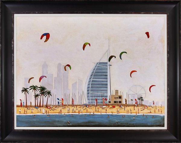 original oil painting by Sean Durkin of the Burj Al Arab in Dubai with kites on the beach in the style of LS Lowry