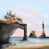 fantasy style limited edition signed print by artist Gary Walton with cliffs, cottages and a lighthouse by Durdle door in Dorset