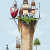 signed limited edition print by artist Gary Walton of a fantasy island with light cliffs and a cottage and boat against blue skies and seas