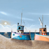 fantasy coastal painting by artist Gary Walton with an orange and blue boat and a distant lighthouse
