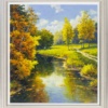 Original oil painting featuring a waterbody in a an Autumnal sunny day with an avenue of trees both sides by talented European artist Gerhard Nesvadba