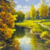 Original oil painting featuring a waterbody in a an Autumnal sunny day with an avenue of trees both sides by talented European artist Gerhard Nesvadba