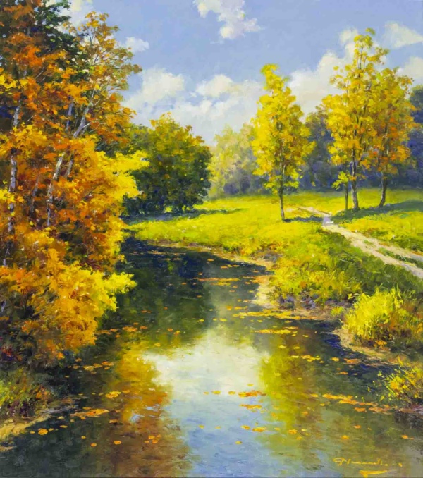 Original oil painting featuring a waterbody in a an Autumnal sunny day with an avenue of trees both sides by talented European artist Gerhard Nesvadba
