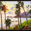 striking coastal seascape painting by artist carla bosch with palm trees against the setting sun