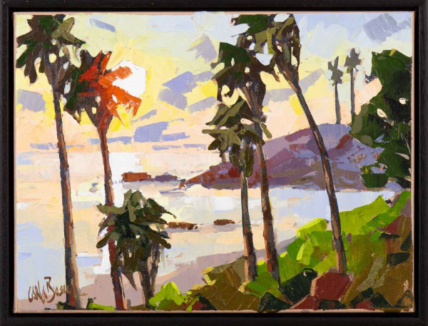 striking coastal seascape painting by artist carla bosch with palm trees against the setting sun