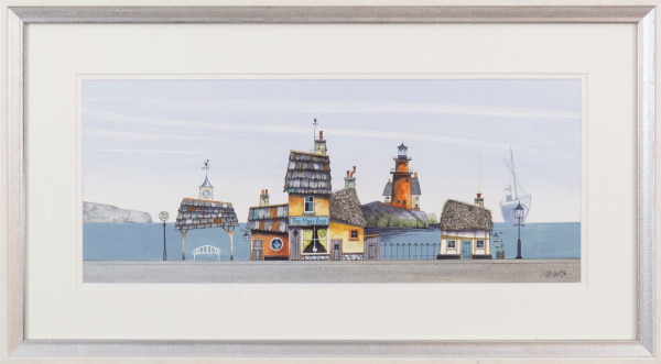original watercolour by artist gary walton in a fantasy coastal style picturing a cottage and bus shelter