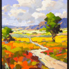vibrant contemporary landscape painting by artist carla bosch with a path towards the distant mountains