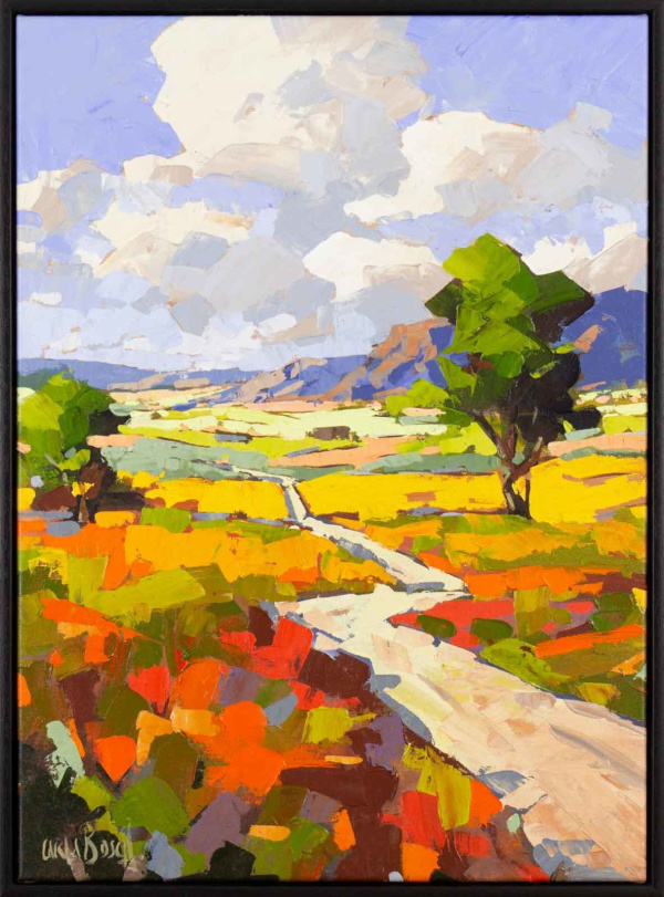 vibrant contemporary landscape painting by artist carla bosch with a path towards the distant mountains