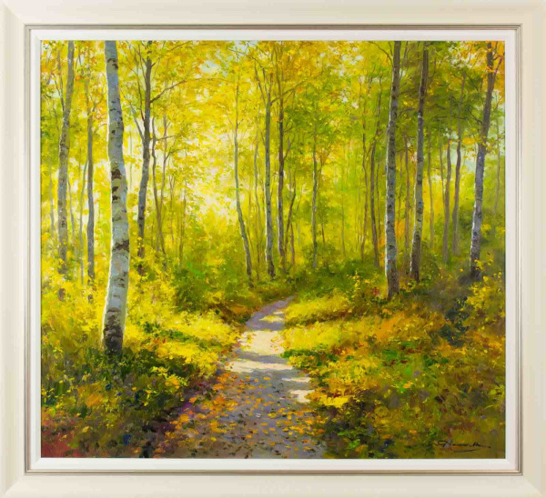 autumn woodland painting with dappled sunlight and silver birch trees by artist gerhard nesvadba