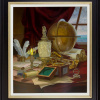 detailed still life painting of a sea captains table with compass, globe atlas and burning candle by gyula boros