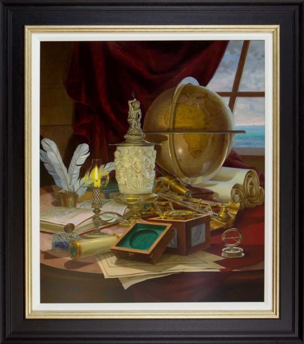 detailed still life painting of a sea captains table with compass, globe atlas and burning candle by gyula boros