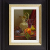 detailed still life painting by gyula boros with wine, fruit and a red draped cloth