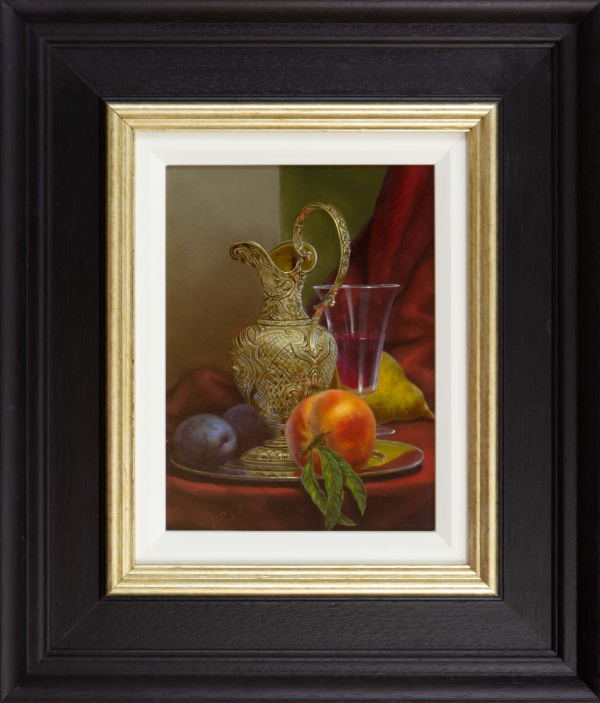 detailed still life painting by gyula boros with wine, fruit and a red draped cloth