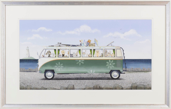 original watercolour by artist gary walton in a fun-filled style with a vw camper van full of cats and dogs