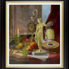 detailed still life painting by gyula boros with wine, fruit, a detailed statue and a red draped cloth