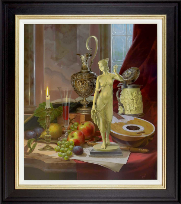 detailed still life painting by gyula boros with wine, fruit, a detailed statue and a red draped cloth