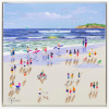 bright seascape painting by artist paola cassais with blue skies and characters playing on the beach