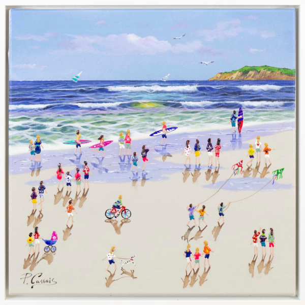 bright seascape painting by artist paola cassais with blue skies and characters playing on the beach