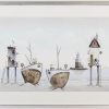 original watercolour by artist gary walton in a fantasy coastal style picturing two boats on the beach and beach huts on stilts in a muted colour palette