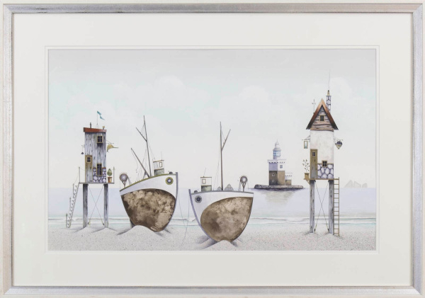 original watercolour by artist gary walton in a fantasy coastal style picturing two boats on the beach and beach huts on stilts in a muted colour palette