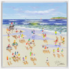 bright seascape painting by artist paola cassais with blue skies and characters playing on the beach