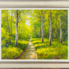 Spring woodland painting with dappled sunlight and silver birch trees by artist gerhard nesvadba