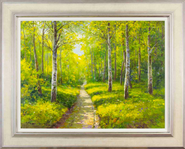 Spring woodland painting with dappled sunlight and silver birch trees by artist gerhard nesvadba