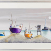 original watercolour by artist gary walton in a fantasy coastal style picturing three colourful boats and a lighthouse