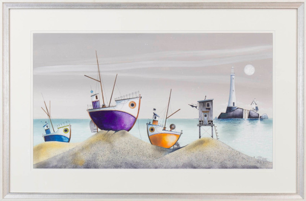 original watercolour by artist gary walton in a fantasy coastal style picturing three colourful boats and a lighthouse