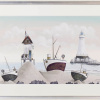 original watercolour by artist gary walton in a fantasy coastal style picturing three sepia boats and a lighthouse