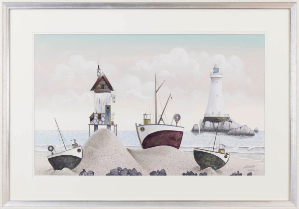 original watercolour by artist gary walton in a fantasy coastal style picturing three sepia boats and a lighthouse