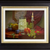 detailed still life painting by gyula boros with wine, fruit and a red draped cloth
