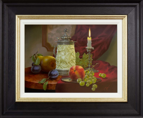 detailed still life painting by gyula boros with wine, fruit and a red draped cloth