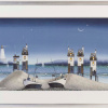 original watercolour by artist gary walton with two boats on the beach and coastal cottages all in a blue muted tone