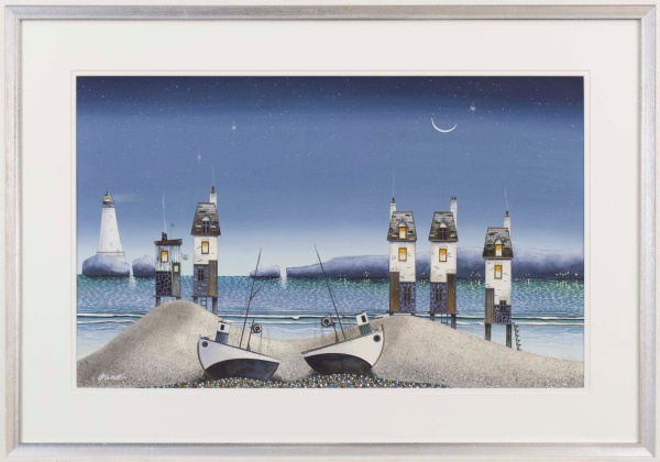 original watercolour by artist gary walton with two boats on the beach and coastal cottages all in a blue muted tone